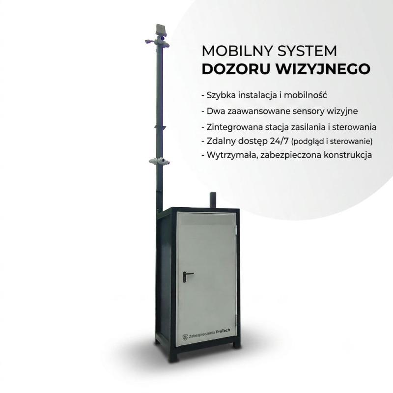 Mobilny system dozoru wizyjnego Plomex-Pol: wolnostojąca szafa sterownicza z wysuwanym masztem i dwiema kamerami monitoringu. Wieża mobilna o szybkiej instalacji, zasilaniu hybrydowym i zdalnym dostępie 24/7 dla ochrony placów budowy.