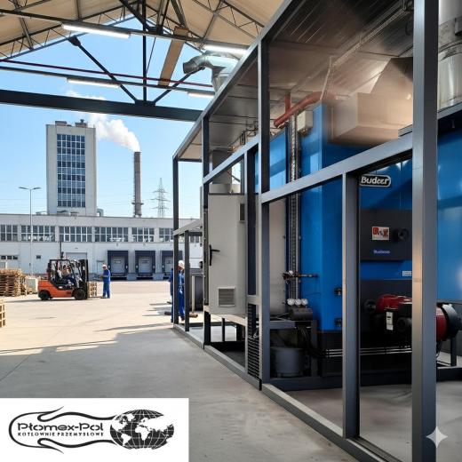 Mobilna kotłownia kontenerowa Binder 840 kW w hali produkcyjnej Plomex-Pol
