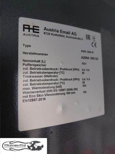 NOWY Higieniczny Zbiornik Buforowy Austria Email KWS 1500 W z Wężownicą C.W.U. ze Stali Nierdwnej