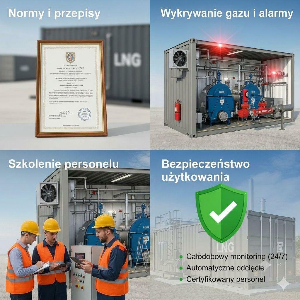 Bezpieczeństwo kotłowni kontenerowej LNG – infografika przedstawiająca normy, przepisy, systemy wykrywania gazu, automatyczne odcięcie oraz całodobowy monitoring instalacji dla przemysłu.