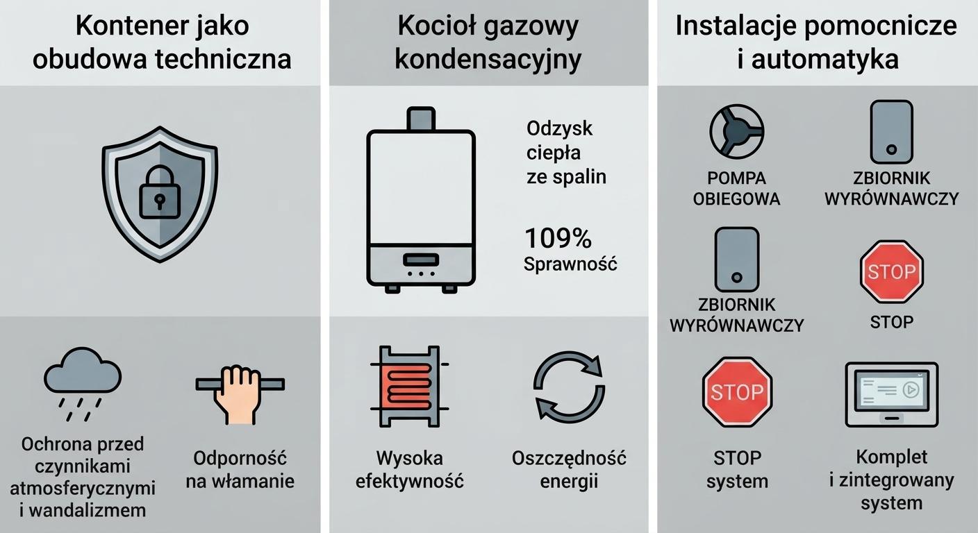 Infografika przedstawiająca zalety nowoczesnej kotłowni kontenerowej na gaz ziemny. Wyróżniono: bezpieczny kontener jako obudowę techniczną (ochrona przed wandalizmem i pogodą), wysoce wydajny kocioł gazowy kondensacyjny o sprawności 109%, oraz kompletne instalacje pomocnicze i automatykę sterującą dla optymalnego działania systemu grzewczego.