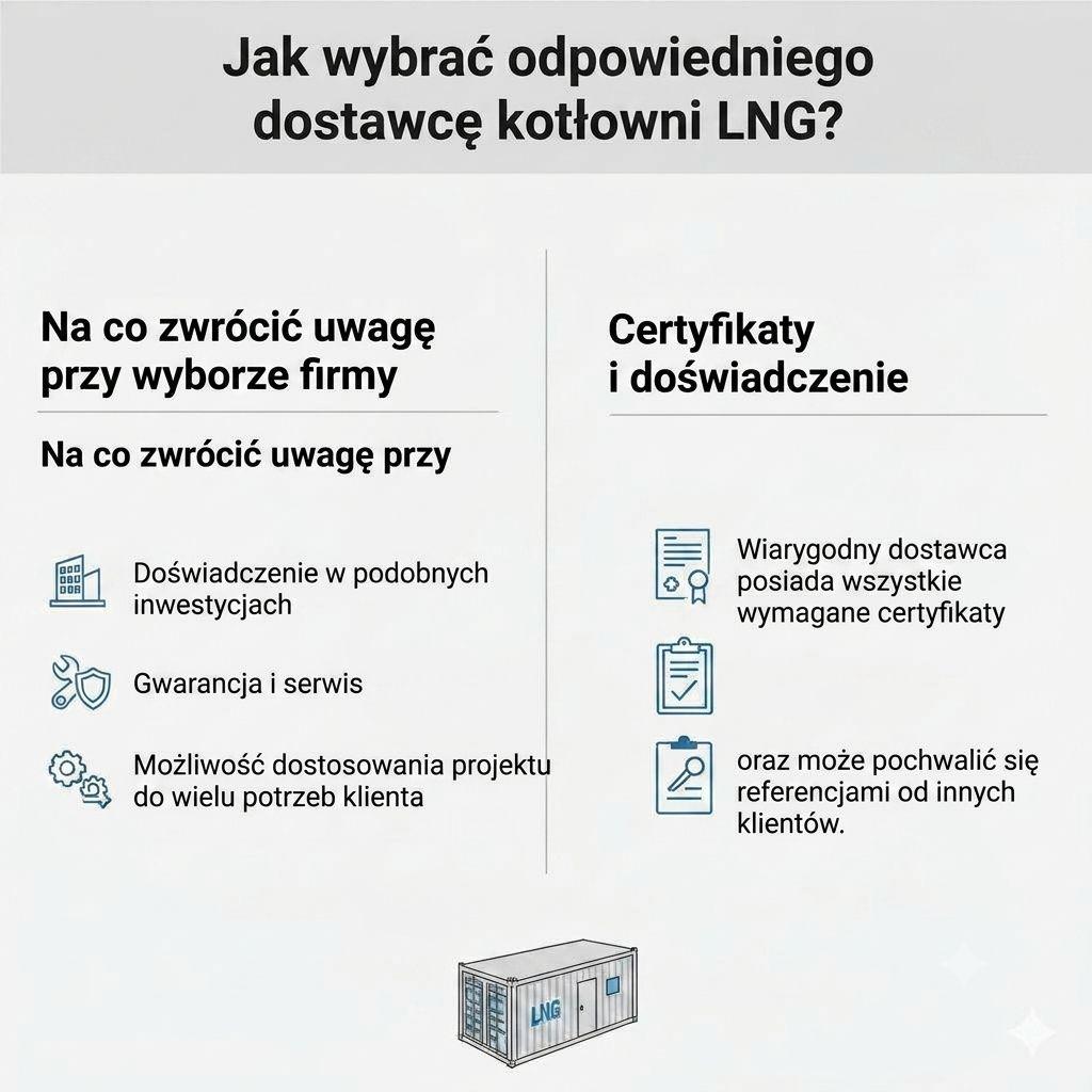 Poradnik jak wybrać dostawcę kotłowni LNG – kluczowe kryteria: doświadczenie w inwestycjach przemysłowych, certyfikaty, elastyczność projektu i serwis kotłowni kontenerowych.