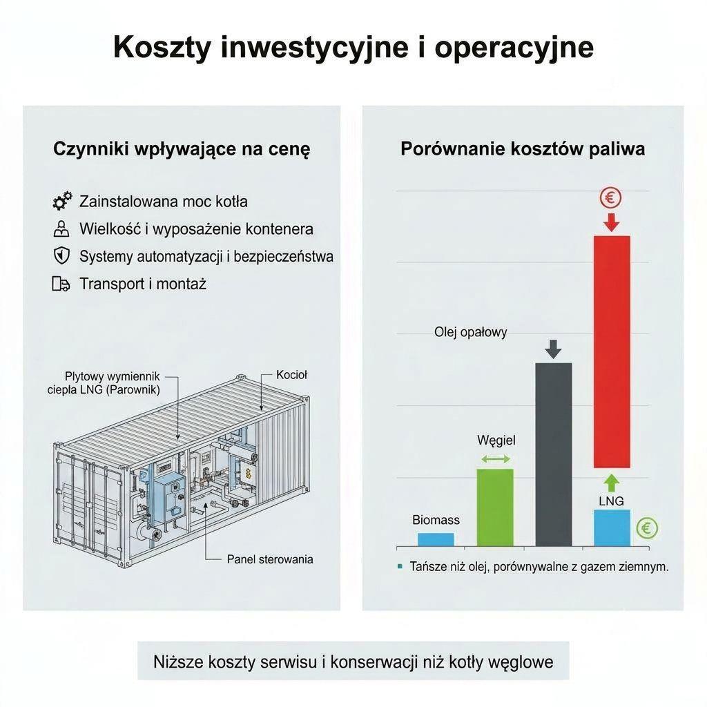 Schemat budowy kontenerowej kotłowni LNG z parownikiem i kotłem oraz zestawienie kosztów inwestycyjnych i operacyjnych paliwa LNG