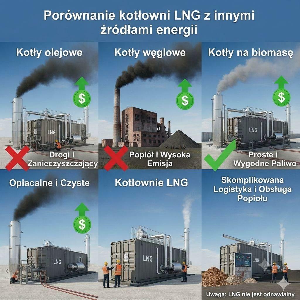 Infografika 'Porównanie kotłowni LNG z innymi źródłami energii' pokazująca różnice między kotłowniami na paliwo płynne, węglowe, biomasę i kotłowniami kontenerowymi LNG pod kątem emisji spalin, kosztów eksploatacji i logistyki paliwa, z wyraźnym zaznaczeniem zalet kotłowni LNG jako czystszego i wygodniejszego rozwiązania dla przemysłu. Obrazuje zalety kotłowni kontenerowych LNG w stosunku do tradycyjnych kotłowni przemysłowych.