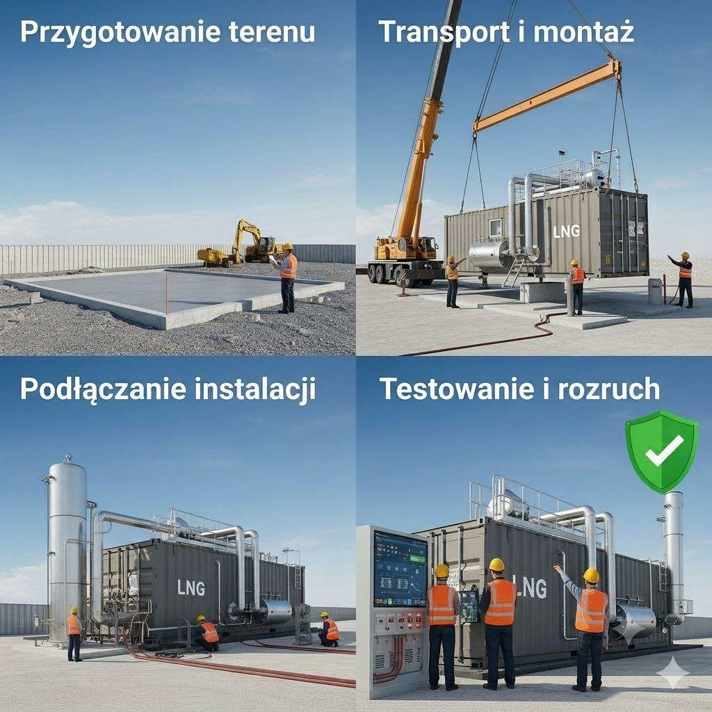 Cztery etapy budowy kotłowni kontenerowej LNG: przygotowanie terenu, montaż żurawiem, podłączanie instalacji oraz testowanie i rozruch.