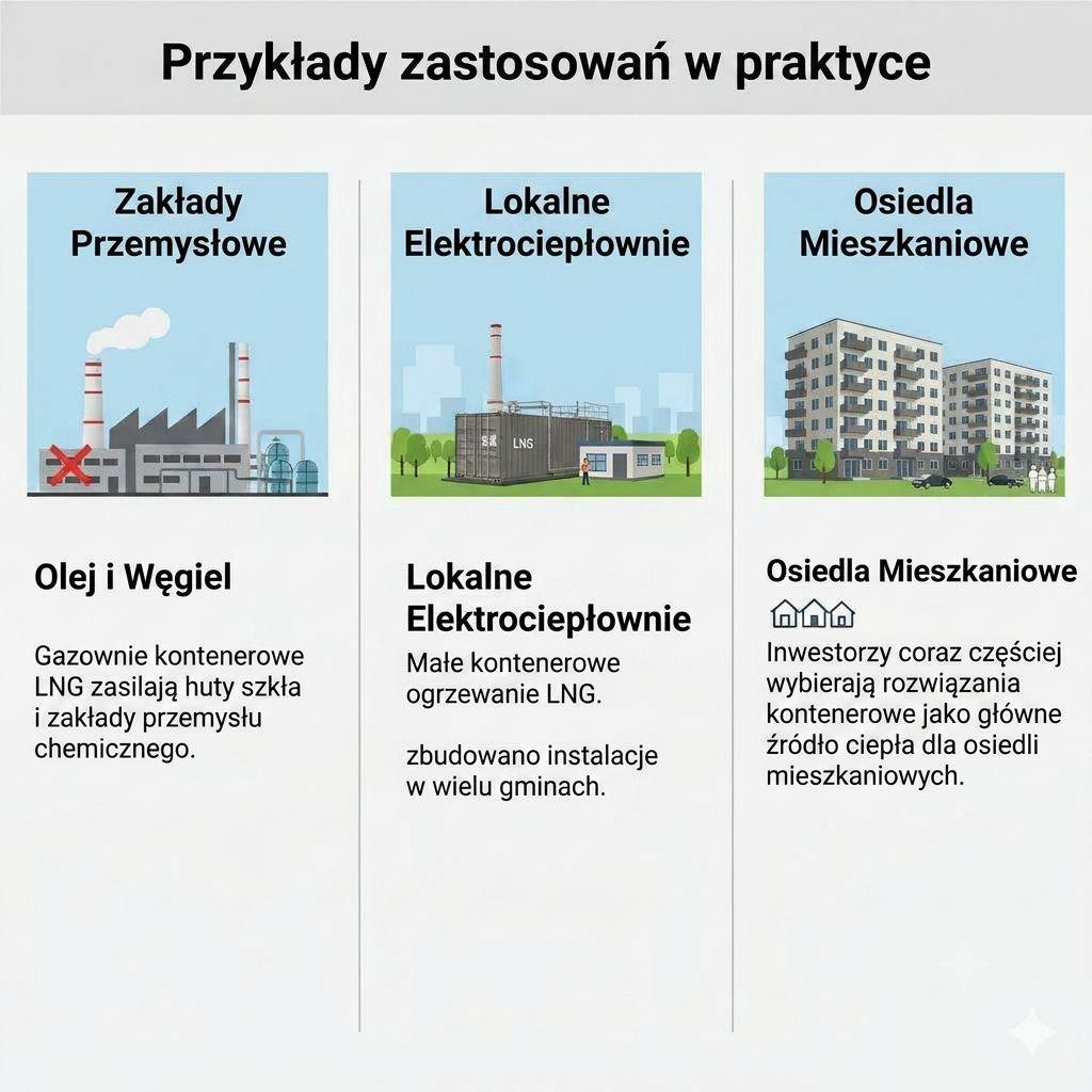 Infografika pokazująca zastosowanie kotłowni kontenerowych LNG w przemyśle i mieszkalnictwie, w tym zakłady przemysłowe, lokalne elektrociepłownie oraz osiedla mieszkaniowe.