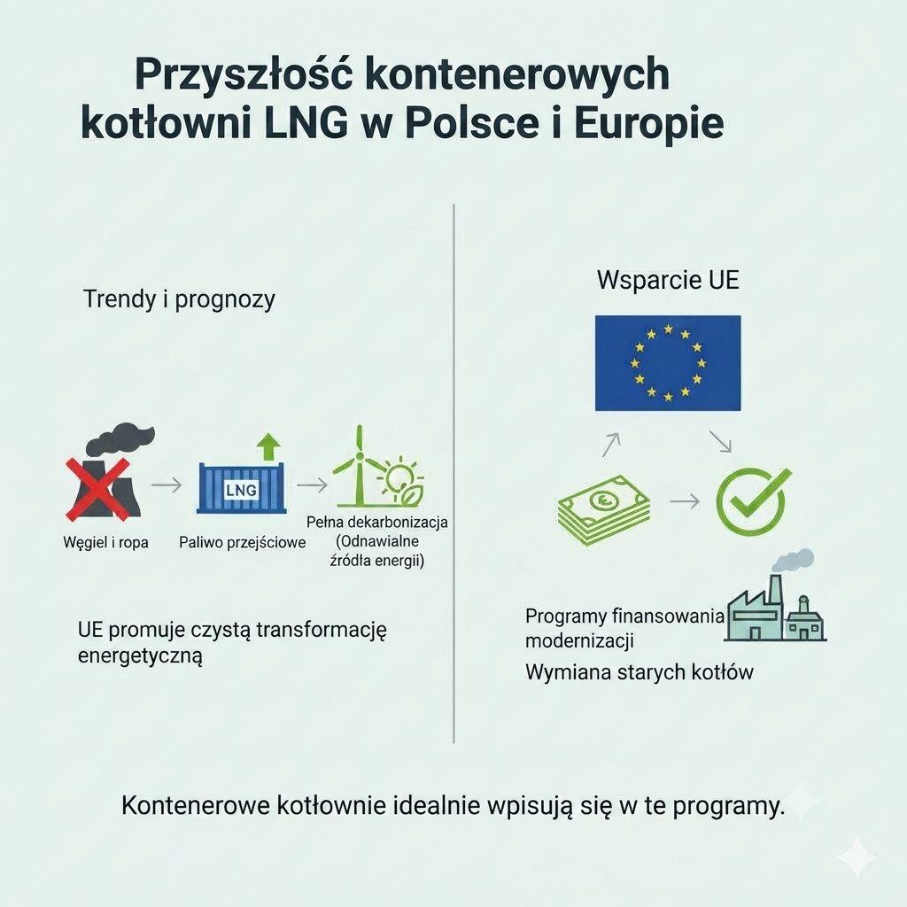 Infografika z pliku przedstawiająca trendy w energetyce: przejście od węgla i ropy do odnawialnych źródeł energii przez paliwo przejściowe LNG. Ilustruje korzyści z kotłowni kontenerowych LNG w kontekście wsparcia finansowego UE na modernizację i wymianę starych kotłów w przemyśle.
