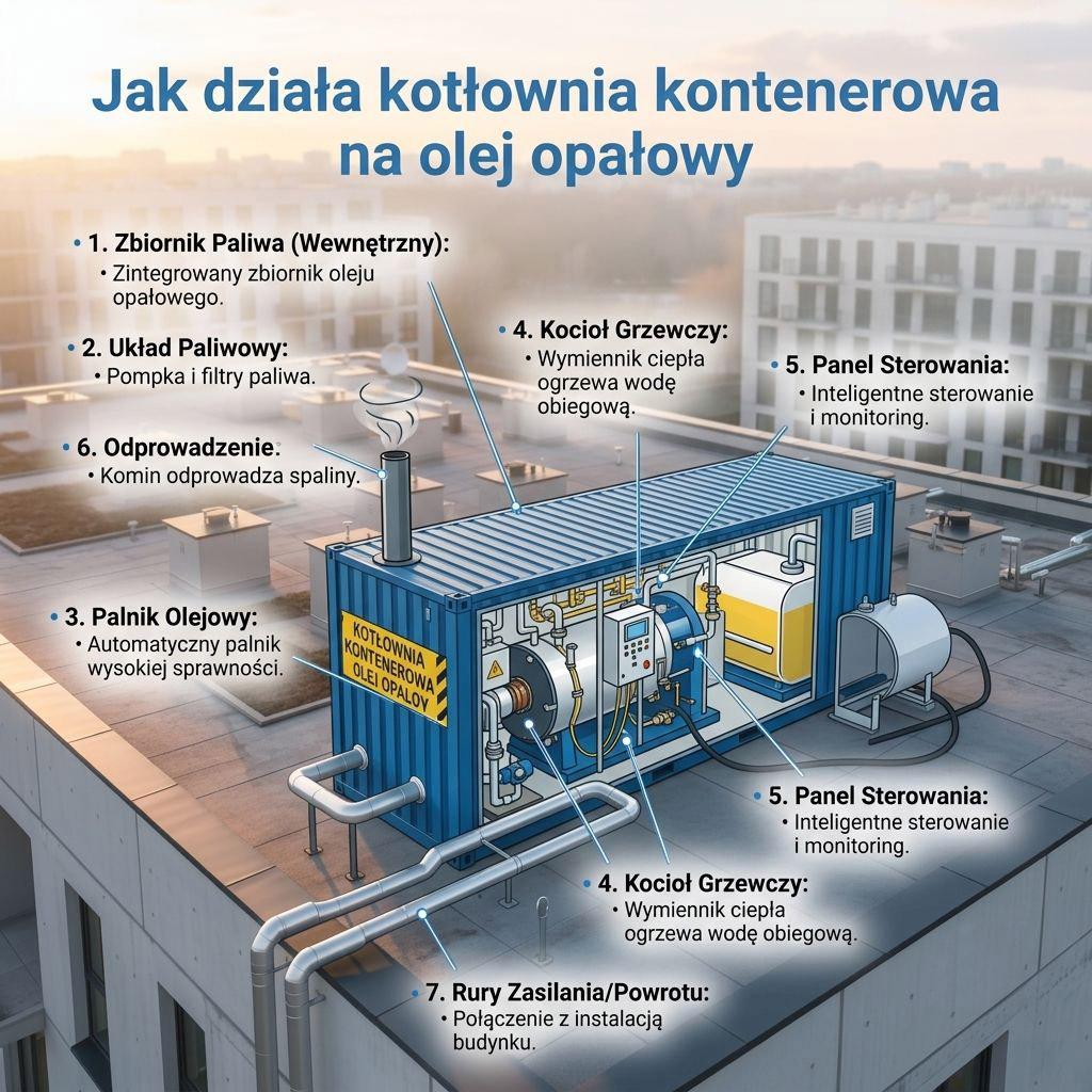 Schemat ideowy pokazujący, jak mobilna kotłownia kontenerowa na olej opałowy zapewnia niezależne, nowoczesne i automatyczne ogrzewanie. Grafika prezentuje kluczowe elementy instalacji, takie jak kocioł, palnik i panel sterowania, w zintegrowanym kontenerze.