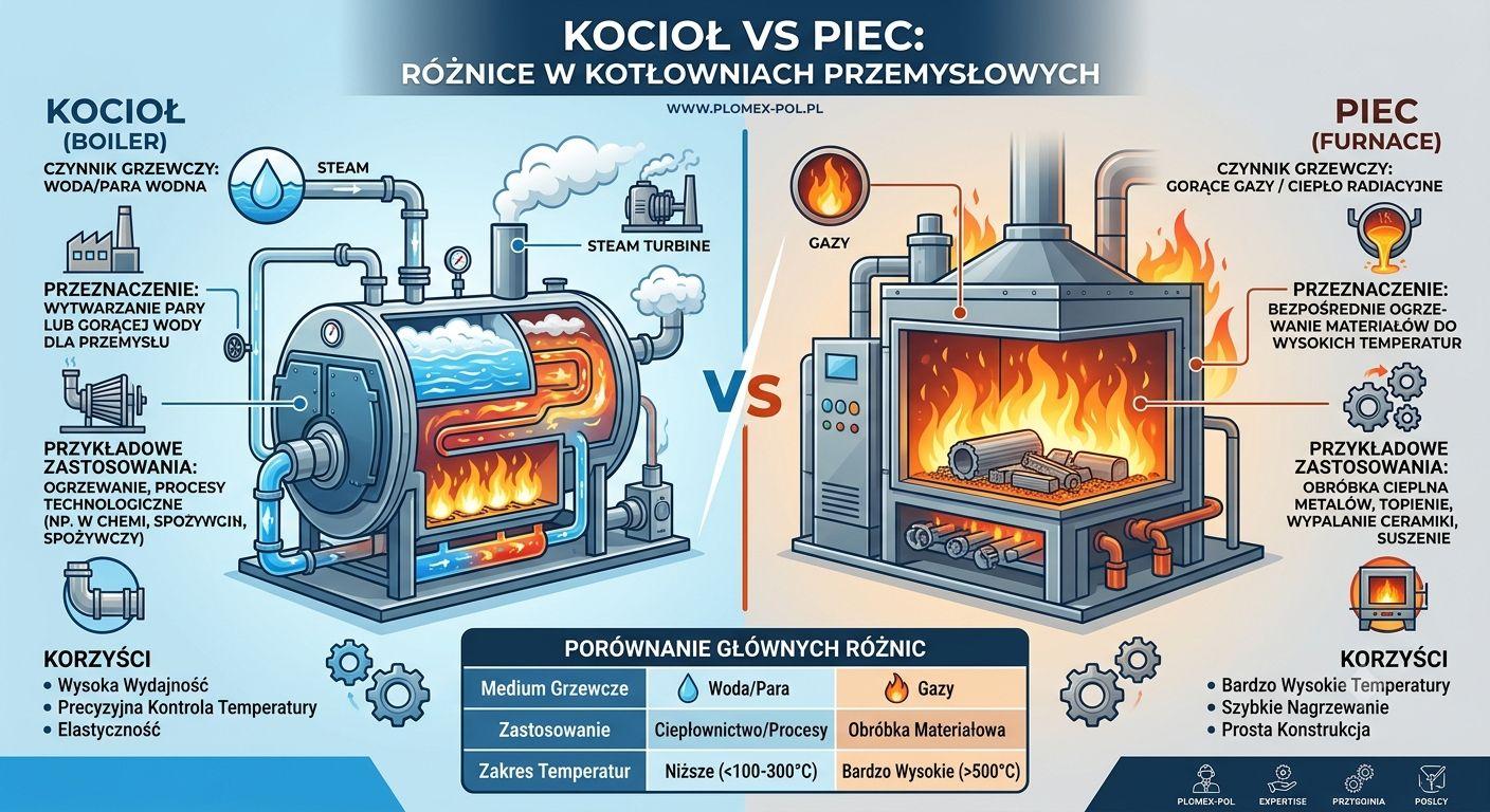 Infografika przemysłowa „Kocioł vs Piec: Różnice w kotłowniach przemysłowych” przedstawiająca porównanie budowy, zastosowania i parametrów technicznych kotła parowego oraz pieca przemysłowego.