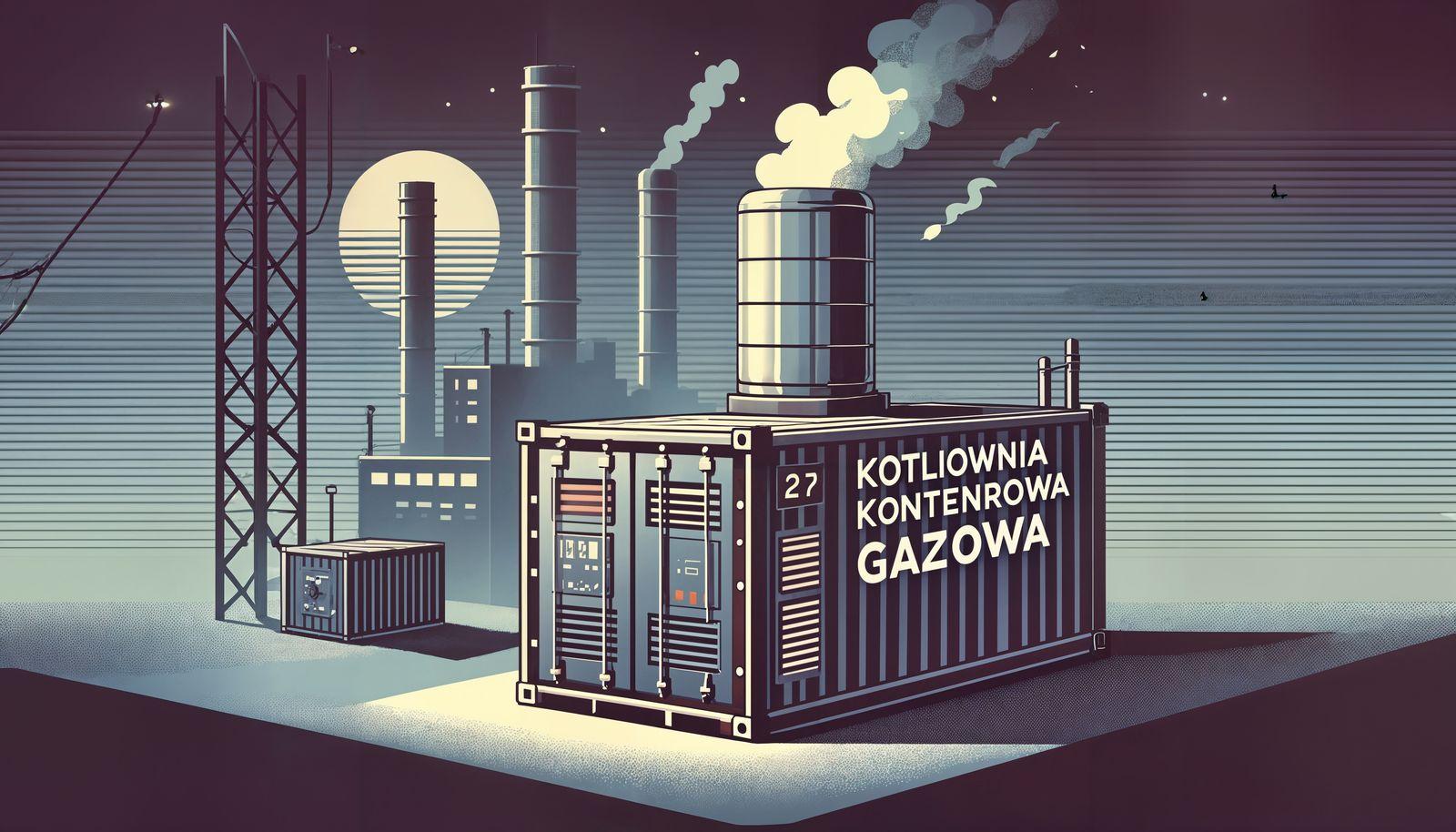 Ilustracja przedstawia mobilną kotłownię gazową w kontenerze z widoczną instalacją i kominem, na tle pejzażu przemysłowego z wieżami.