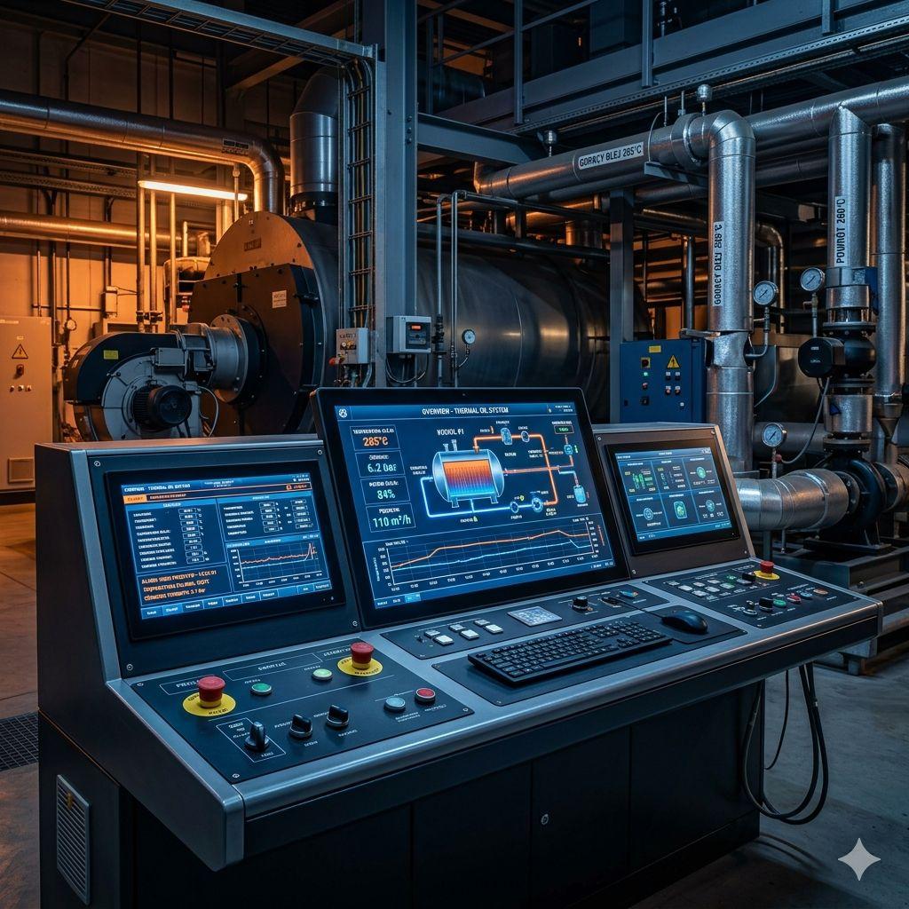 Nowoczesny cyfrowy panel sterowania (HMI) kotłowni na olej termalny w instalacji przemysłowej, prezentujący kluczowe parametry procesu: temperaturę oleju 285°C oraz schemat obiegu. W tle widoczne kotły diatermiczne i rurociągi.