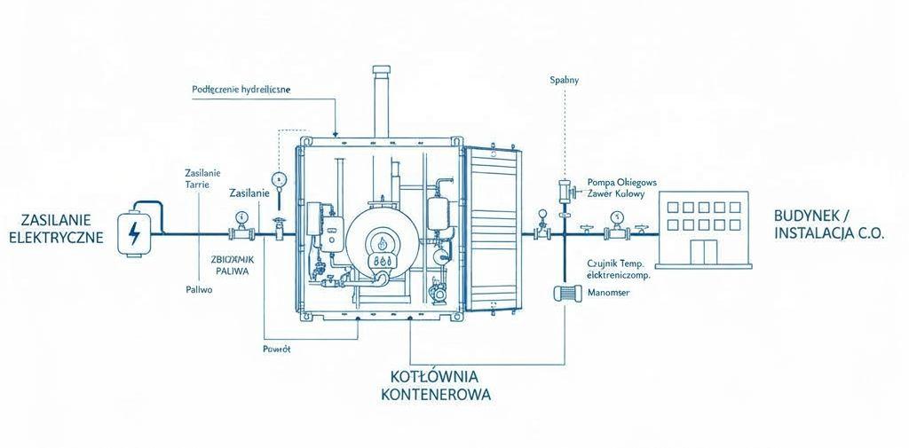 Schemat instalacji kontenerowej kotłowni grzewczej na wynajem – podłączenie c.o., pompy i zasilania elektrycznego.