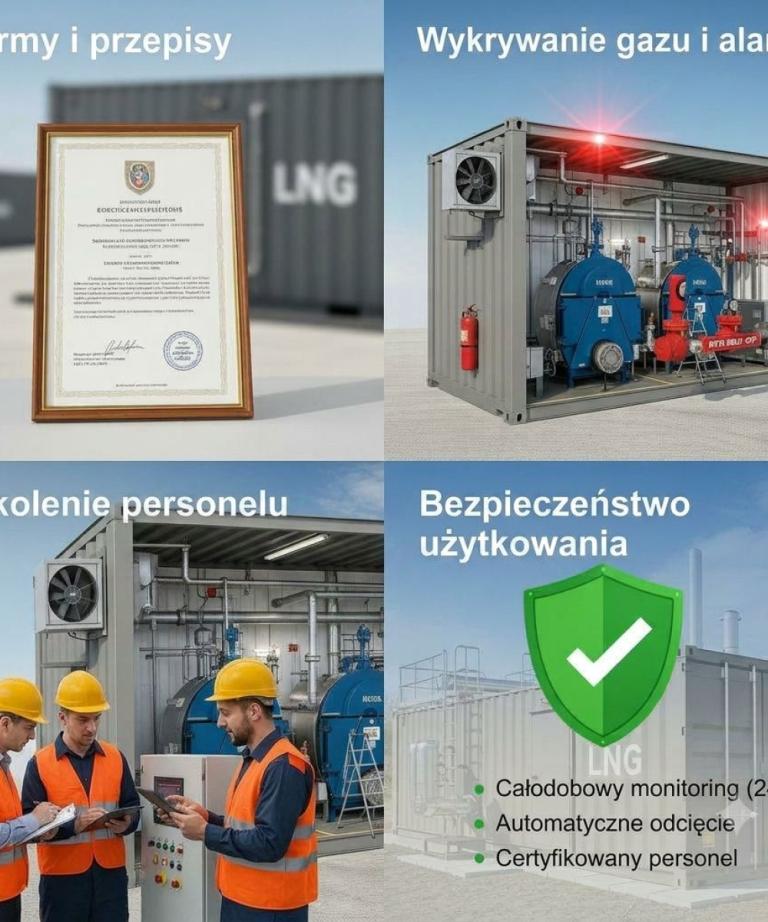 Bezpieczeństwo kotłowni kontenerowej LNG – infografika przedstawiająca normy, przepisy, systemy wykrywania gazu, automatyczne odcięcie oraz całodobowy monitoring instalacji dla przemysłu.