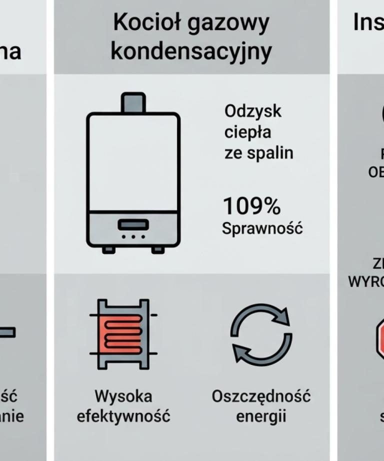 Infografika przedstawiająca zalety nowoczesnej kotłowni kontenerowej na gaz ziemny. Wyróżniono: bezpieczny kontener jako obudowę techniczną (ochrona przed wandalizmem i pogodą), wysoce wydajny kocioł gazowy kondensacyjny o sprawności 109%, oraz kompletne instalacje pomocnicze i automatykę sterującą dla optymalnego działania systemu grzewczego.