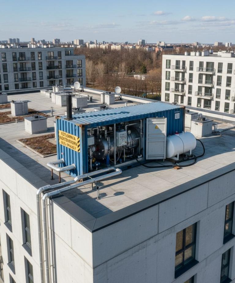 Mobilna kotłownia kontenerowa na olej opałowy z widocznym piecem i instalacją hydrauliczną, umieszczona na dachu nowoczesnego budynku mieszkalnego.