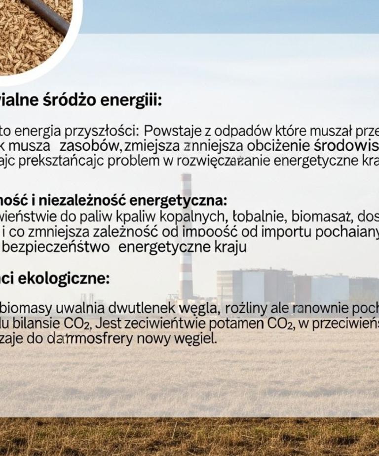Infografika przedstawiająca zalety biomasy jako odnawialnego źródła energii oraz korzyści ekologiczne i niezależność energetyczną