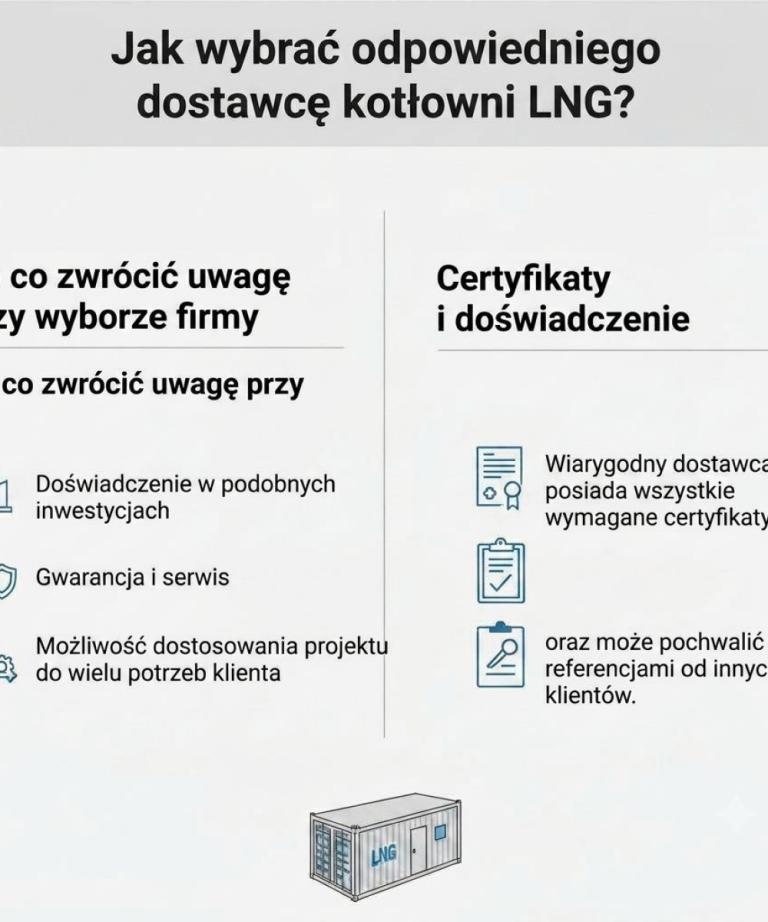 Poradnik jak wybrać dostawcę kotłowni LNG – kluczowe kryteria: doświadczenie w inwestycjach przemysłowych, certyfikaty, elastyczność projektu i serwis kotłowni kontenerowych.