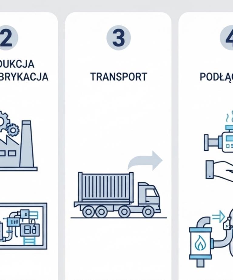 Infografika pokazująca 5 etapów budowy i montażu kotłowni kontenerowej na gaz: od projektu do uruchomienia.