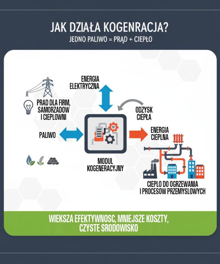 Infografika technologii kogeneracji: Schemat działania modułu kogeneracyjnego (CHP) pokazujący proces konwersji paliwa (np. biomasa, węgiel) na prąd dla firm i samorządów oraz ciepło sieciowe do ogrzewania budynków i procesów przemysłowych.