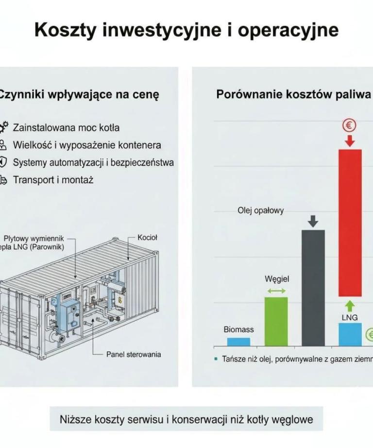 Schemat budowy kontenerowej kotłowni LNG z parownikiem i kotłem oraz zestawienie kosztów inwestycyjnych i operacyjnych paliwa LNG