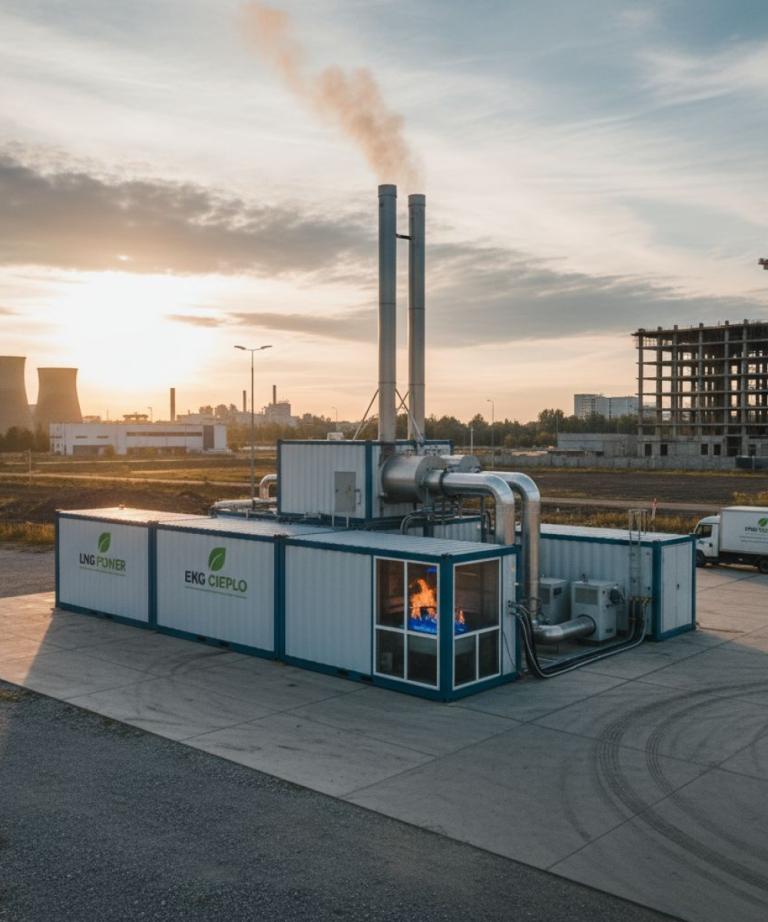 Widok z góry na mobilną kotłownię kontenerową LNG-Power i EKO Ciepło z kominami i widocznym płomieniem w palniku, na tle elektrociepłowni i budowy, podczas zachodu słońca. Nowoczesne, ekologiczne ogrzewanie przemysłowe.
