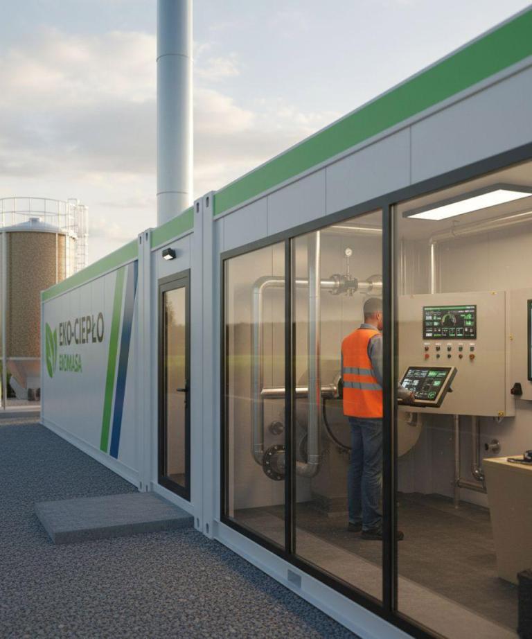 Nowoczesne kotłownie kontenerowe od Plomex-Pol – ekologiczne rozwiązanie z napisem "EKO-CIEPŁO BIOMASA". Zdjęcie przedstawia zautomatyzowane wnętrze z pulpitem dotykowym i pracownikiem, silos i zewnętrzną infrastrukturę kotłowni.