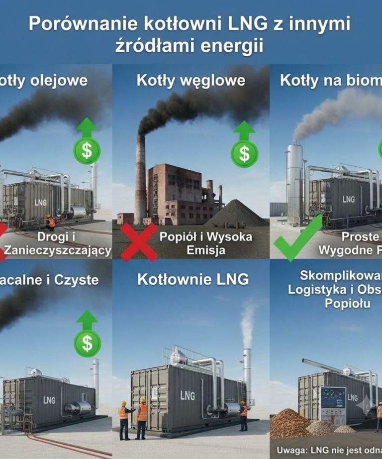 Infografika 'Porównanie kotłowni LNG z innymi źródłami energii' pokazująca różnice między kotłowniami na paliwo płynne, węglowe, biomasę i kotłowniami kontenerowymi LNG pod kątem emisji spalin, kosztów eksploatacji i logistyki paliwa, z wyraźnym zaznaczeniem zalet kotłowni LNG jako czystszego i wygodniejszego rozwiązania dla przemysłu. Obrazuje zalety kotłowni kontenerowych LNG w stosunku do tradycyjnych kotłowni przemysłowych.