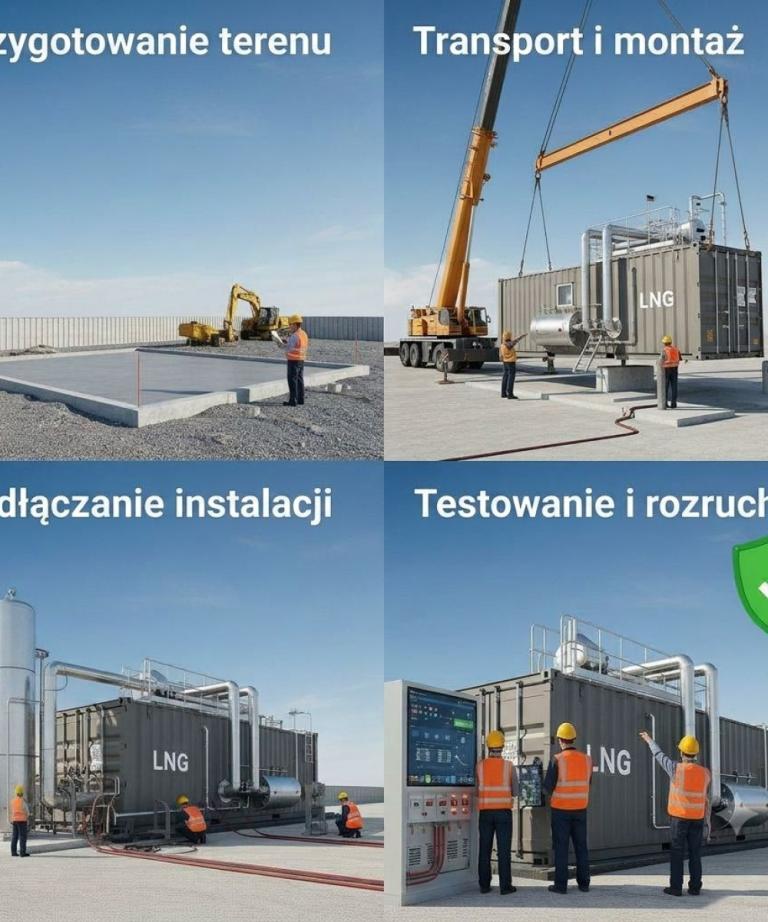 Cztery etapy budowy kotłowni kontenerowej LNG: przygotowanie terenu, montaż żurawiem, podłączanie instalacji oraz testowanie i rozruch.