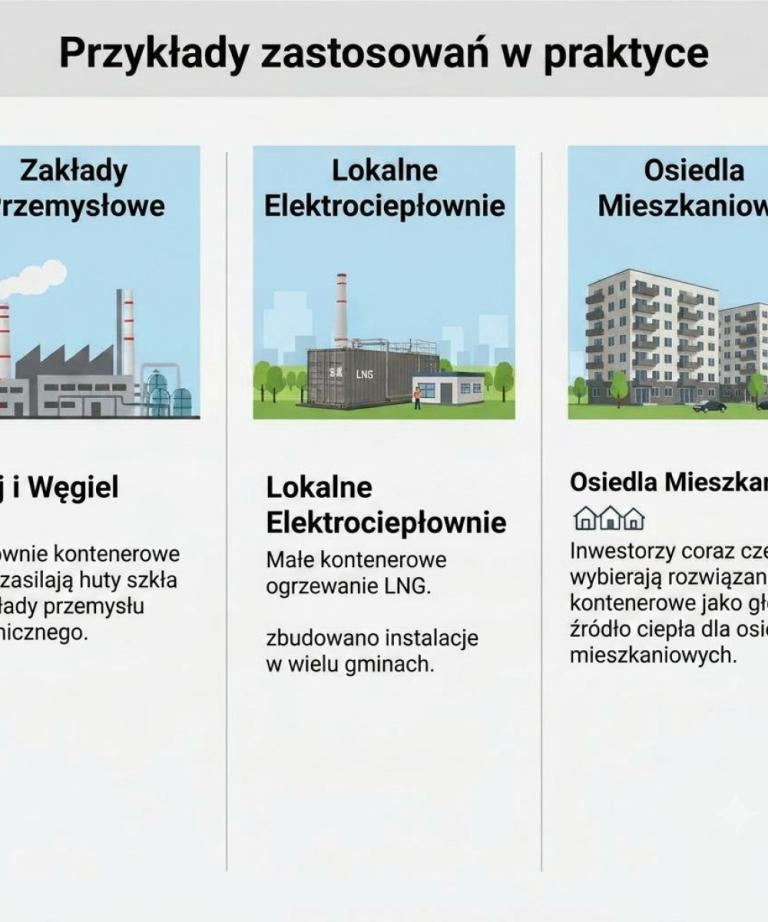 Infografika pokazująca zastosowanie kotłowni kontenerowych LNG w przemyśle i mieszkalnictwie, w tym zakłady przemysłowe, lokalne elektrociepłownie oraz osiedla mieszkaniowe.