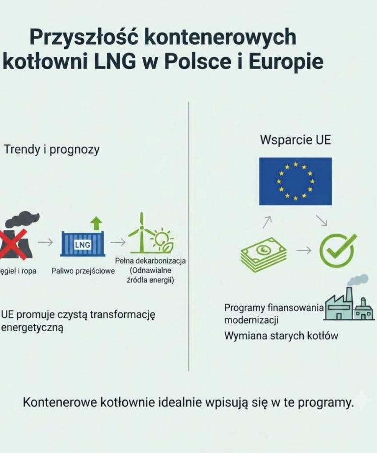Infografika z pliku przedstawiająca trendy w energetyce: przejście od węgla i ropy do odnawialnych źródeł energii przez paliwo przejściowe LNG. Ilustruje korzyści z kotłowni kontenerowych LNG w kontekście wsparcia finansowego UE na modernizację i wymianę starych kotłów w przemyśle.