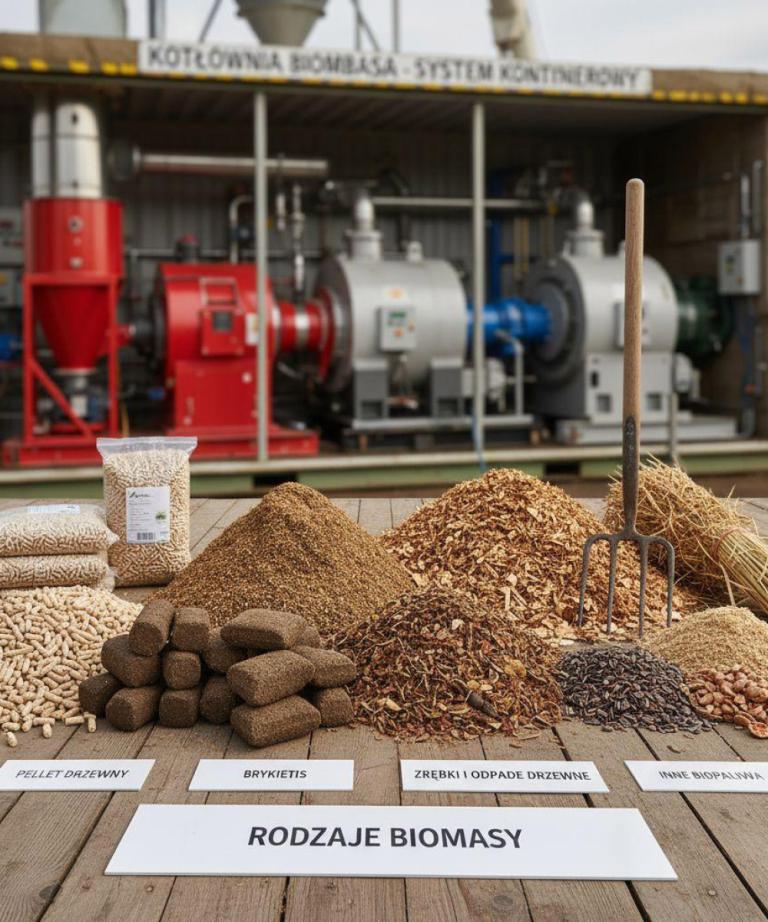 Rodzaje biomasy stosowanej w kotłowniach kontenerowych (pellet, brykiet, zrębki)