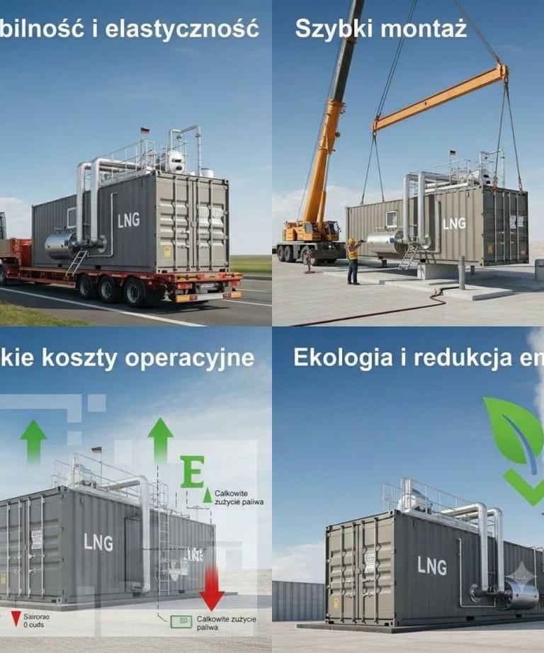 Infografika przedstawiająca cztery kluczowe zalety kotłowni kontenerowych LNG od Plomex-Pol: mobilność i elastyczność, szybki montaż, niskie koszty operacyjne, ekologia i redukcja emisji.
