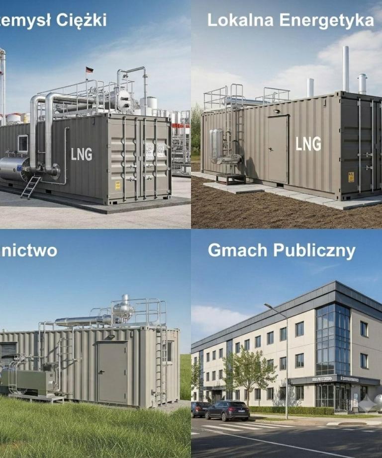 Zastosowanie kotłowni kontenerowych LNG w przemyśle, lokalnej energetyce, rolnictwie i budynkach publicznych. Grafika pokazująca wszechstronność kontenerowych systemów grzewczych LNG.