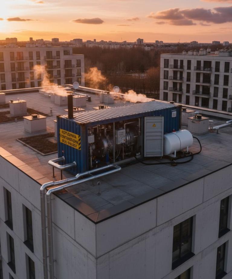 Mobilna kotłownia kontenerowa zamontowana na płaskim dachu apartamentowca. To rozwiązanie idealne dla tymczasowego lub stałego ogrzewania budynków w miastach.