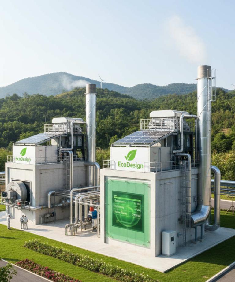 Ekologiczna instalacja grzewcza z dwoma nowoczesnymi jednostkami z certyfikatem EcoDesign i panelem kontrolnym, pokazująca oszczędność i efektywność kotłów 5 klasy w rzeczywistym otoczeniu z odnawialnymi źródłami energii.
