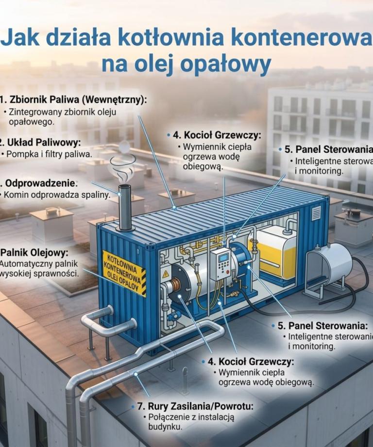 Schemat ideowy pokazujący, jak mobilna kotłownia kontenerowa na olej opałowy zapewnia niezależne, nowoczesne i automatyczne ogrzewanie. Grafika prezentuje kluczowe elementy instalacji, takie jak kocioł, palnik i panel sterowania, w zintegrowanym kontenerze.