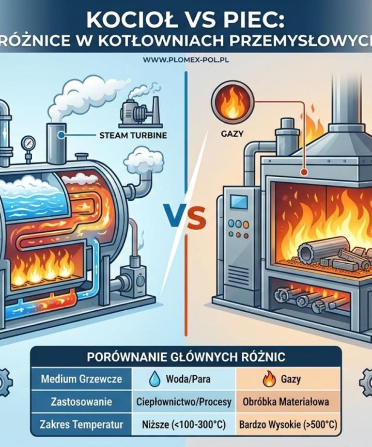 Infografika przemysłowa „Kocioł vs Piec: Różnice w kotłowniach przemysłowych” przedstawiająca porównanie budowy, zastosowania i parametrów technicznych kotła parowego oraz pieca przemysłowego.
