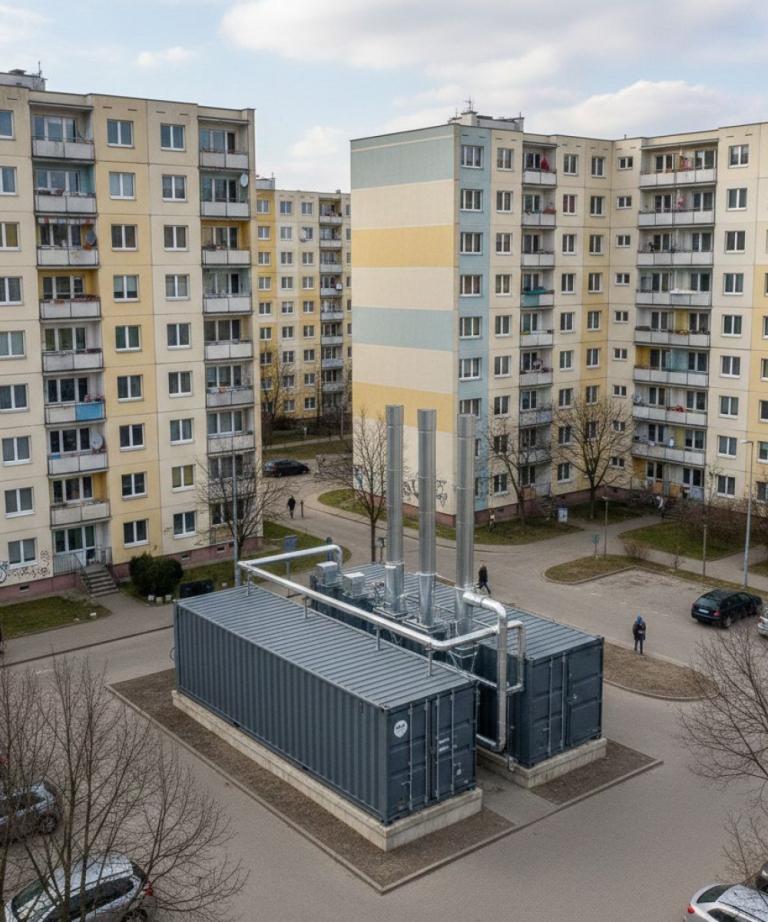 Kontenerowa kotłownia gazowa (blok) na parkingu osiedlowym, dostarczająca centralne ogrzewanie (C.O.) i ciepłą wodę użytkową (C.W.U.) mieszkańcom sąsiednich wieżowców z lat 70/80.