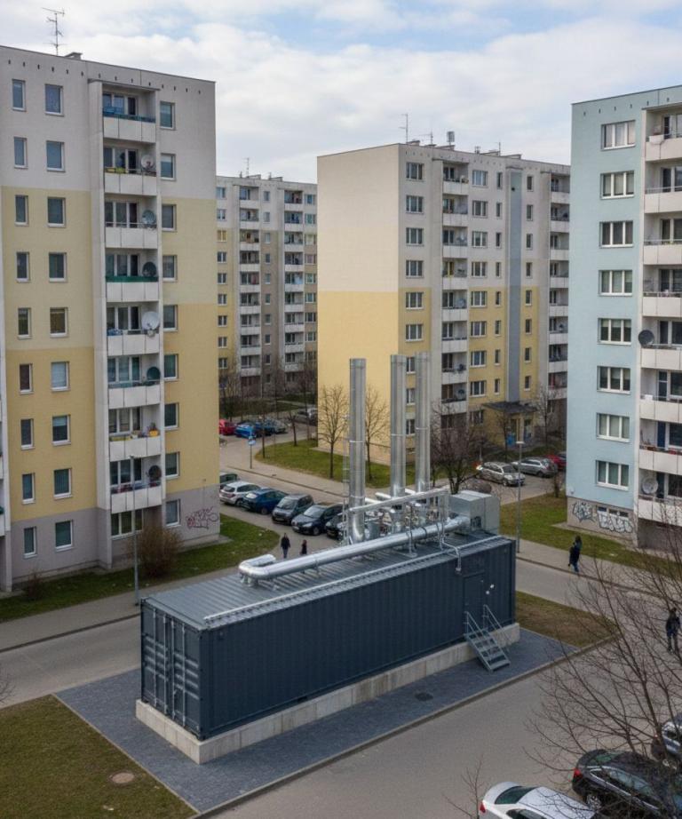 Zewnętrzna kotłownia kontenerowa z instalacją kominową dla osiedla, dostarczająca ciepłą wodę i ogrzewanie.
