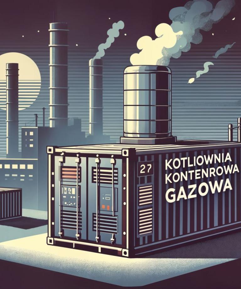 Ilustracja przedstawia mobilną kotłownię gazową w kontenerze z widoczną instalacją i kominem, na tle pejzażu przemysłowego z wieżami.