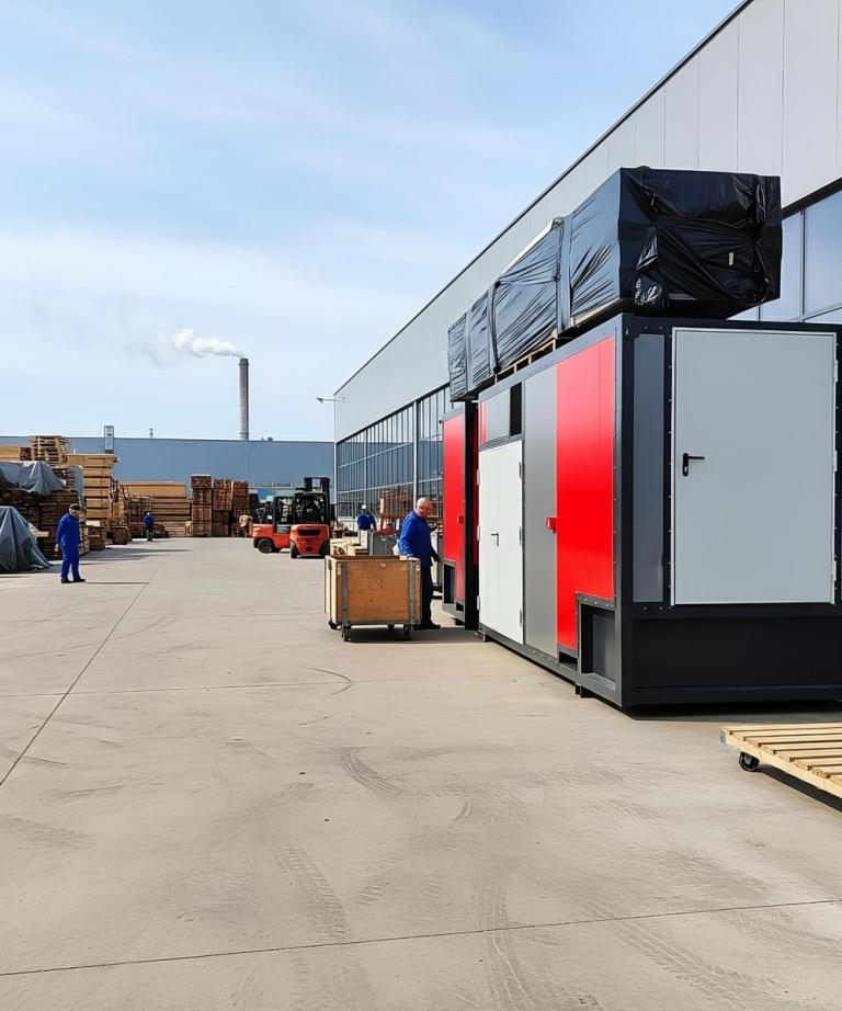 Kompletna kotłownia kontenerowa Plomex-Pol na placu przemysłowym. Widok na szaro-czerwony moduł mobilnej kotłowni z infrastrukturą logistyczną w tle, gotowy do instalacji u klienta.