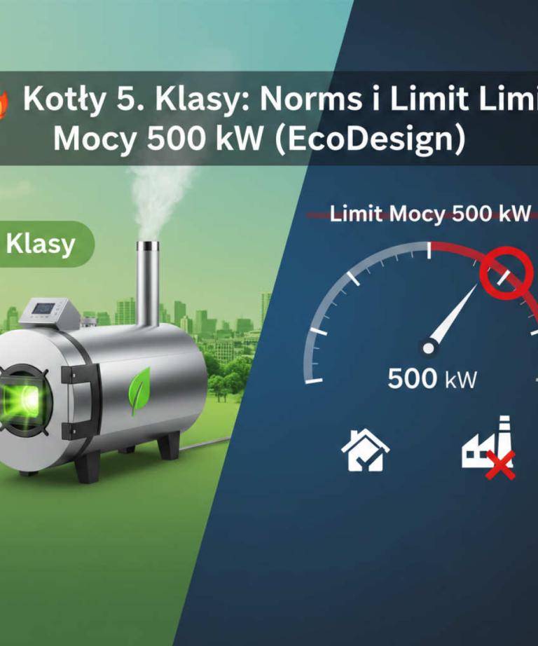 Grafika przedstawiająca kocioł 5. Klasy ze znakiem ekologicznym i dymem na tle zielonego miasta. Obok znajduje się manometr z zaznaczonym limitem mocy 500 kW oraz ikony domu i przekreślonej fabryki.