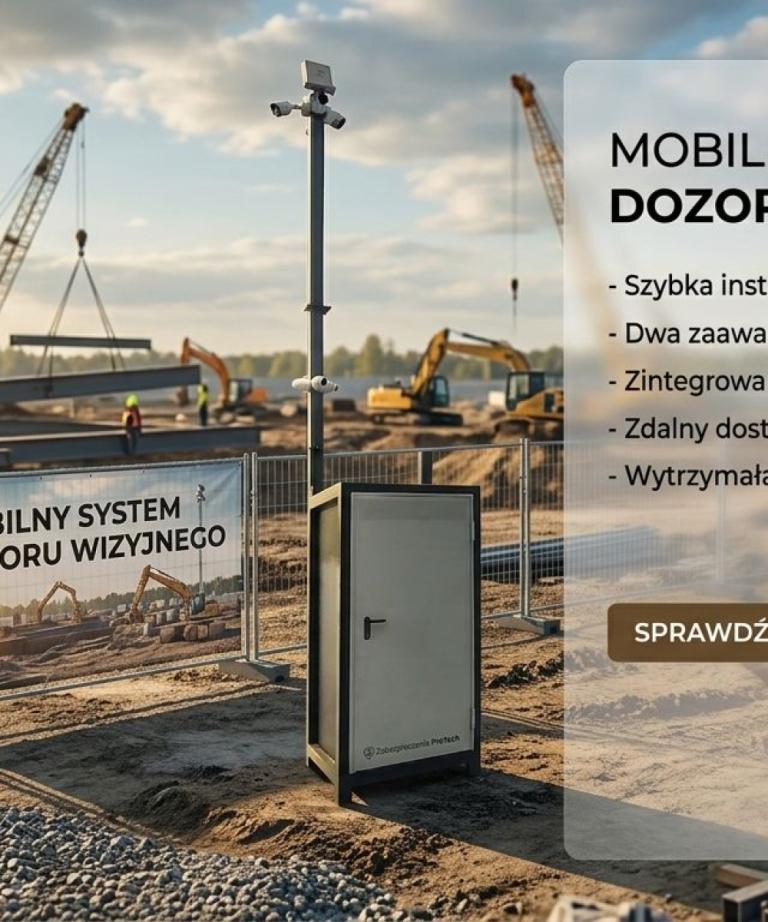Mobilny system dozoru wizyjnego marki Płomex-pol zamontowany na placu budowy. Widoczne kamery na masztach i szafka sterownicza, a w tle pracujące maszyny budowlane.