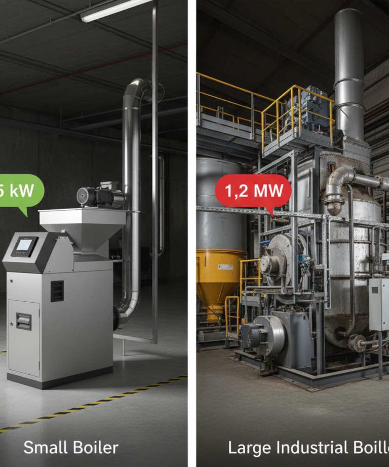 Porównanie wielkości i mocy kotłów grzewczych: mały kocioł o mocy 15 kW (Small Boiler) vs duży kocioł przemysłowy o mocy 1,2 MW (Large Industrial Boiler) w kontekście limitu mocy 500 kW dla norm Ecodesign.
