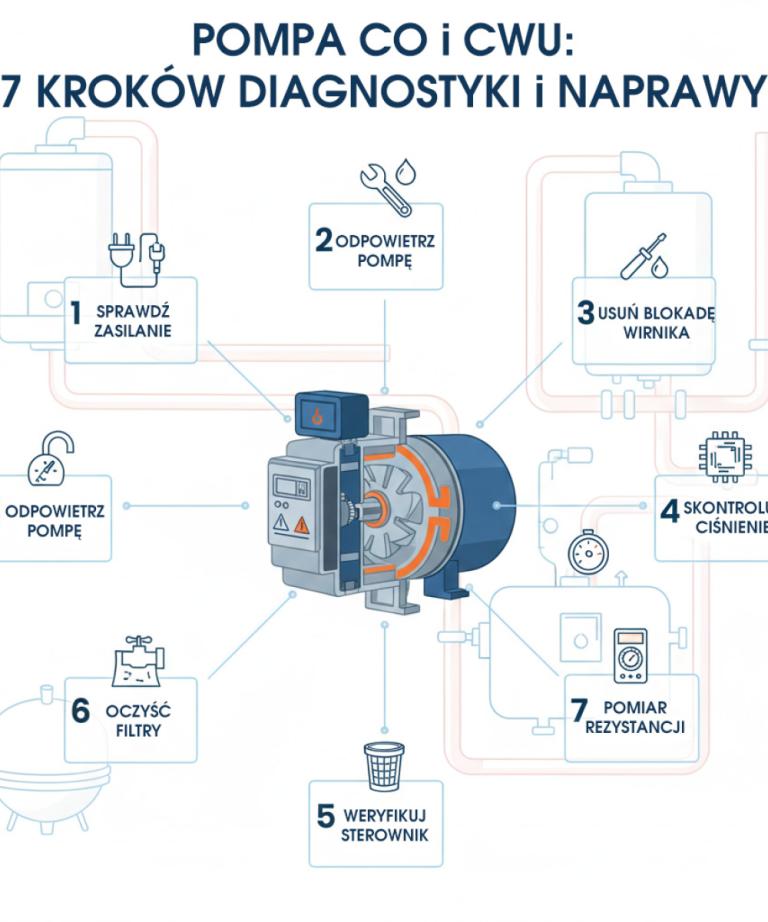 Pompa CO i CWU – 7 kroków diagnostyki i naprawy. Przewodnik po naprawie pompy obiegowej, obejmujący sprawdzenie zasilania, odpowietrzanie, czyszczenie filtrów i kontrolę sterownika. Zobacz 7 praktycznych porad na blogu Plomex-Pol.
