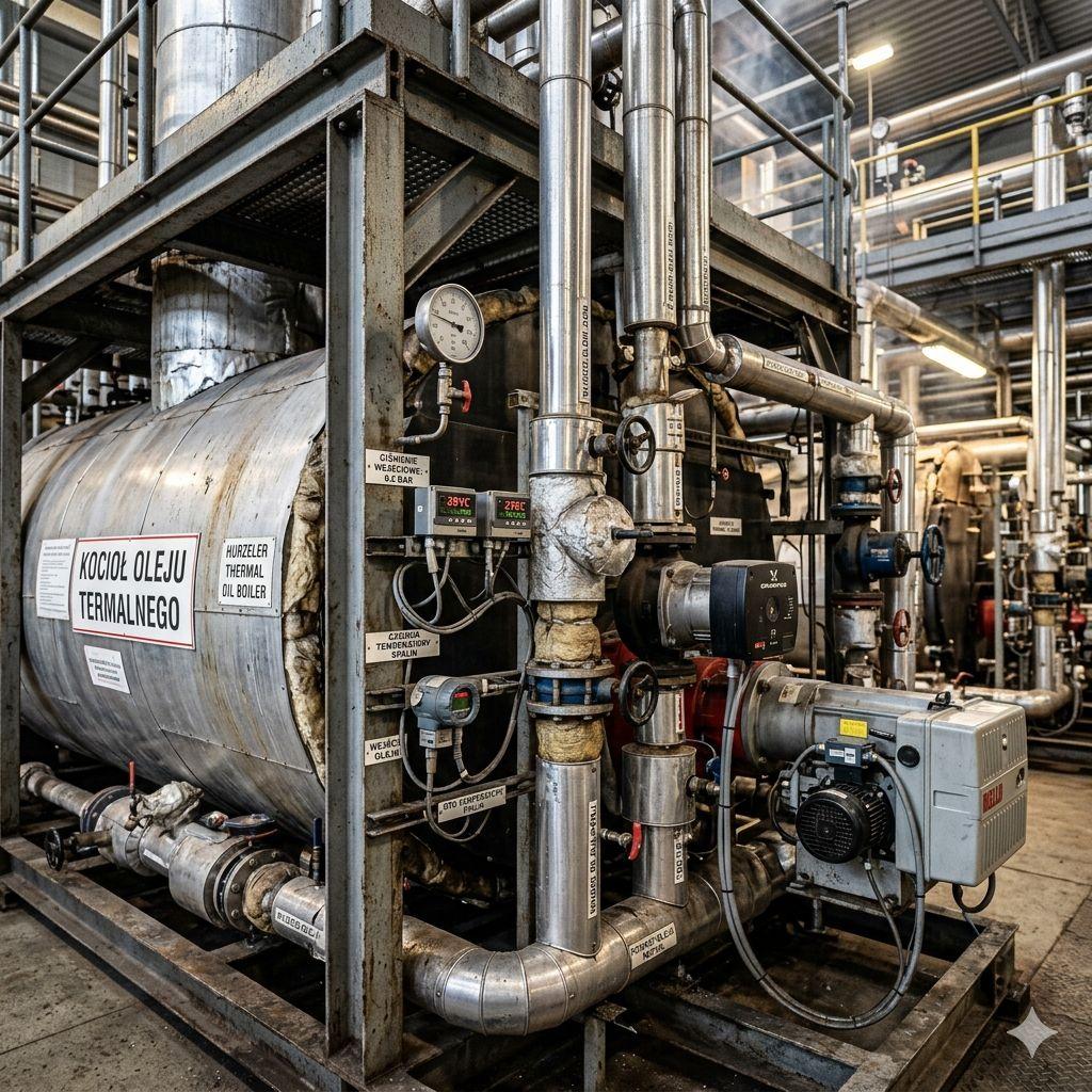 przemysłowe pompy obiegowe w kotłowni oleju termalnego, rurociągi ze stali nierdzewnej, zawory i manometry