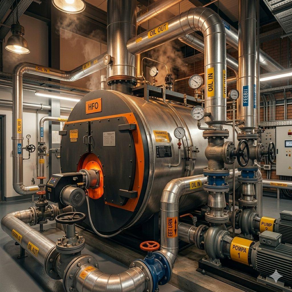 ujęcie kotła na olej termalny w pracy, stalowa konstrukcja, widoczne przewody i izolacje, elementy pomiarowe i czujniki temperatury