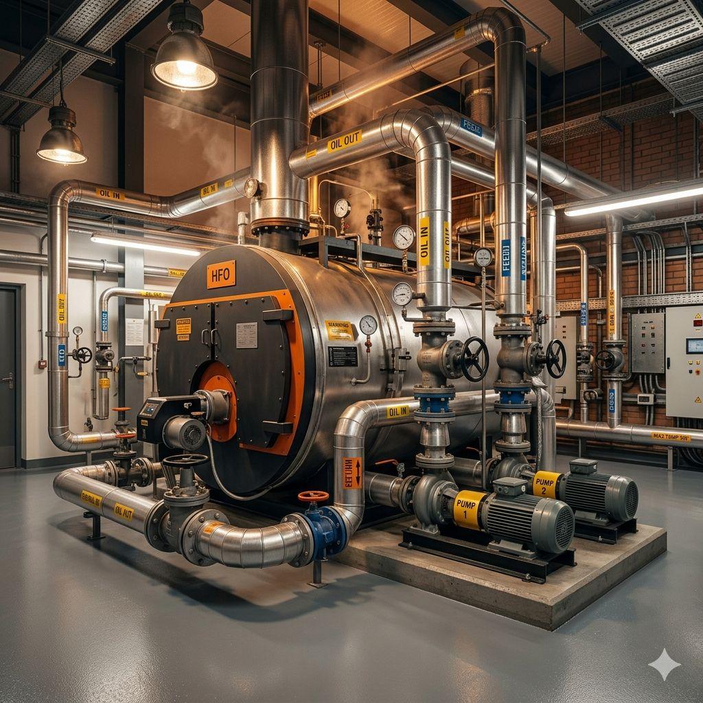 wnętrze nowoczesnej kotłowni na olej termalny, duży przemysłowy kocioł, stalowe rurociągi z izolacją, zawory i pompy obiegowe