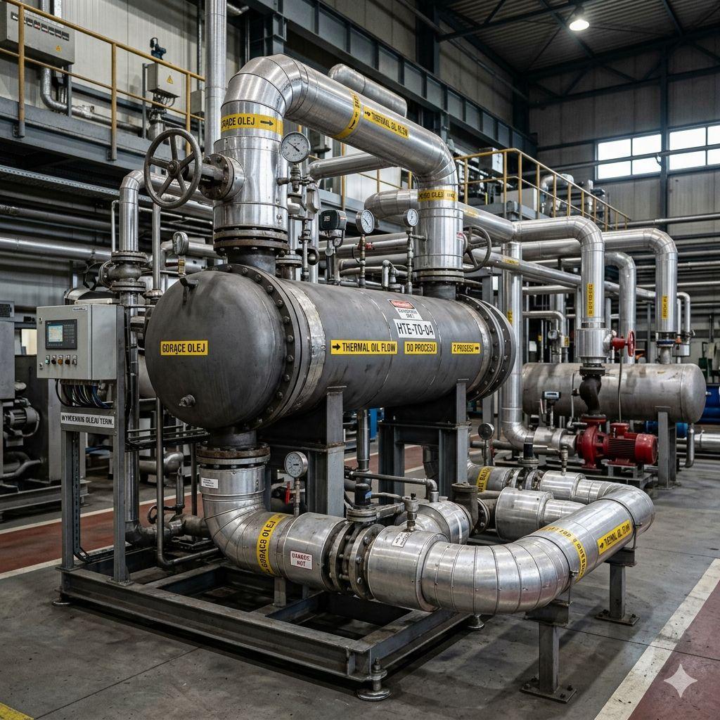 wymiennik ciepła w systemie oleju termalnego, przemysłowa instalacja w zakładzie produkcyjnym, metalowe rury, izolacja termiczna